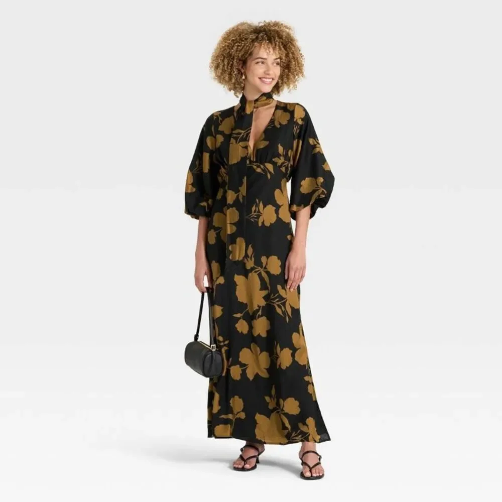 Women's Tie Neck Maxi Dress - A New Day Black/Brown Floral S
